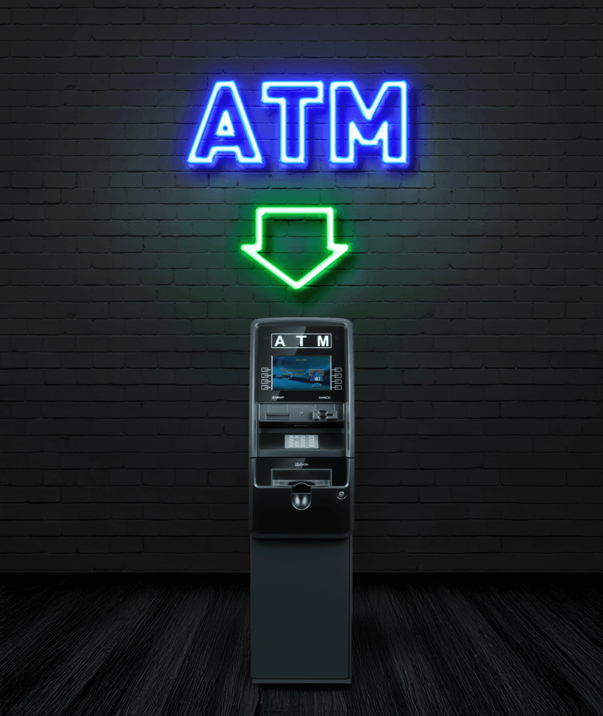 ATM under a neon sign